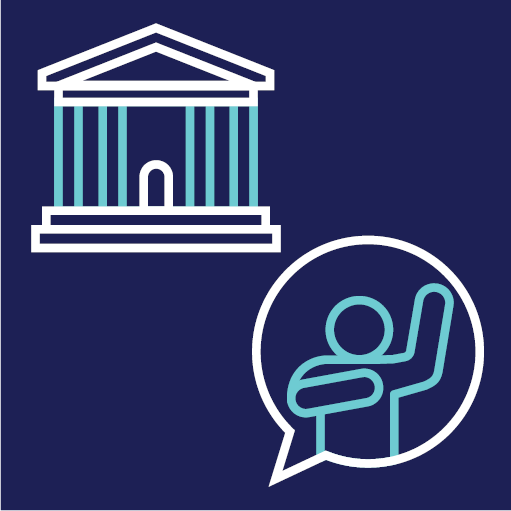 A court and a speech bubble showing a person raising their hand and pointing to themself.