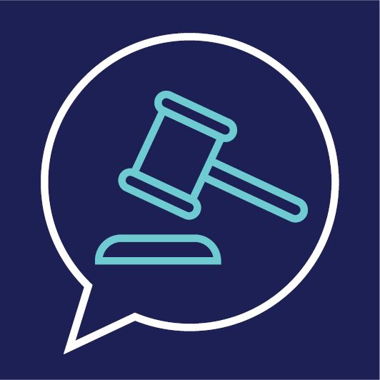 A speech bubble showing a gavel.
