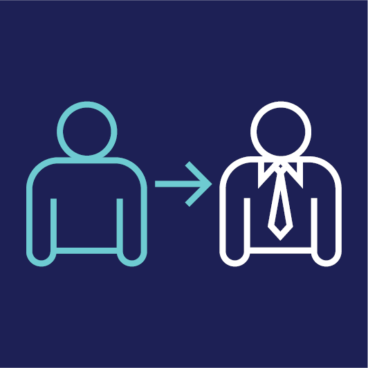 A person with an arrow pointing from them to a person wearing a shirt and tie.