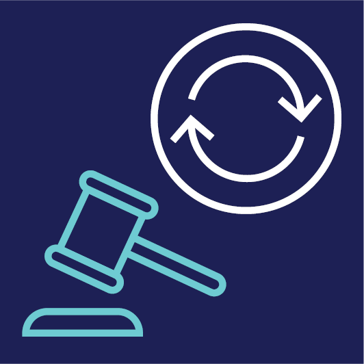 A gavel and a change icon.