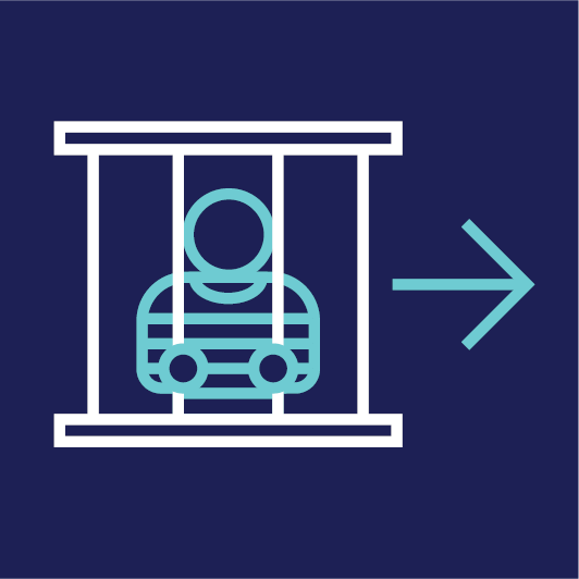 A person in a jail and an arrow pointing to the right.