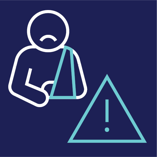 A person looking sad with their arm in a sling. There is a problem icon next to them.