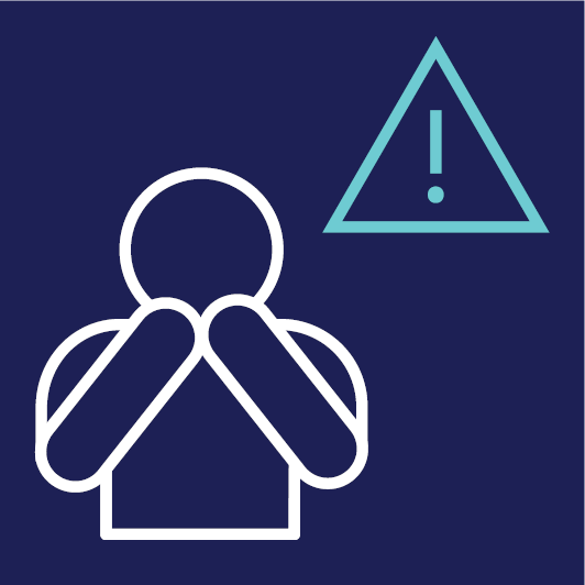 A person looking worried with their hands to their mouth. There is a problem icon next to them.