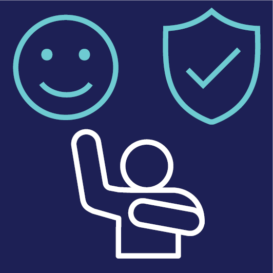 A person raising their hand. There is a smiling face and a safety icon above them.
