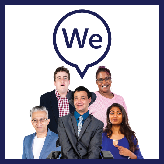 A diverse group of people. Above them is a speech bubble that says 'We'.