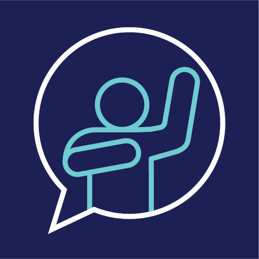 A speech bubble showing a person raising their hand and pointing to themself.