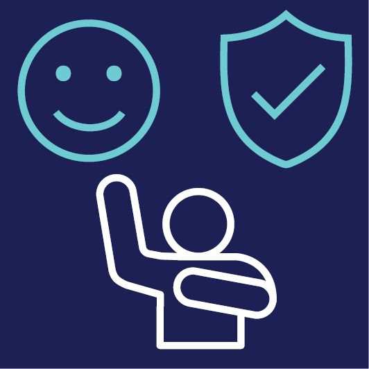A person raising their hand. There is a smiling face and a safety icon above them.