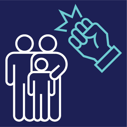 2 adults standing behind a child. 1 of them has their hand on the child's shoulder to protect them. There is a violence icon next to them.