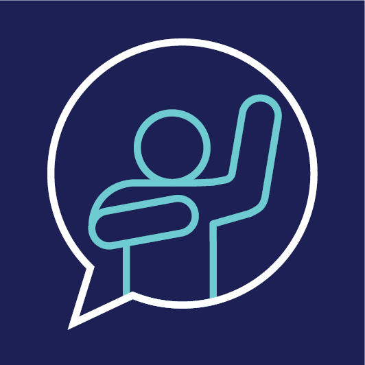 A speech bubble showing a person raising their hand and pointing to themself.