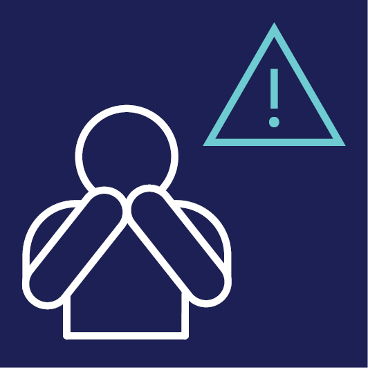 A person looking worried with their hands to their mouth. There is a problem icon next to them.